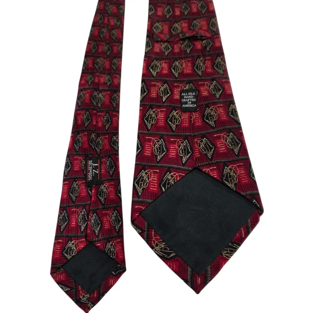 J.Z. Richards Silk‎ Geometric Pattern Tie Red Gold Hand Crafted USA Necktie